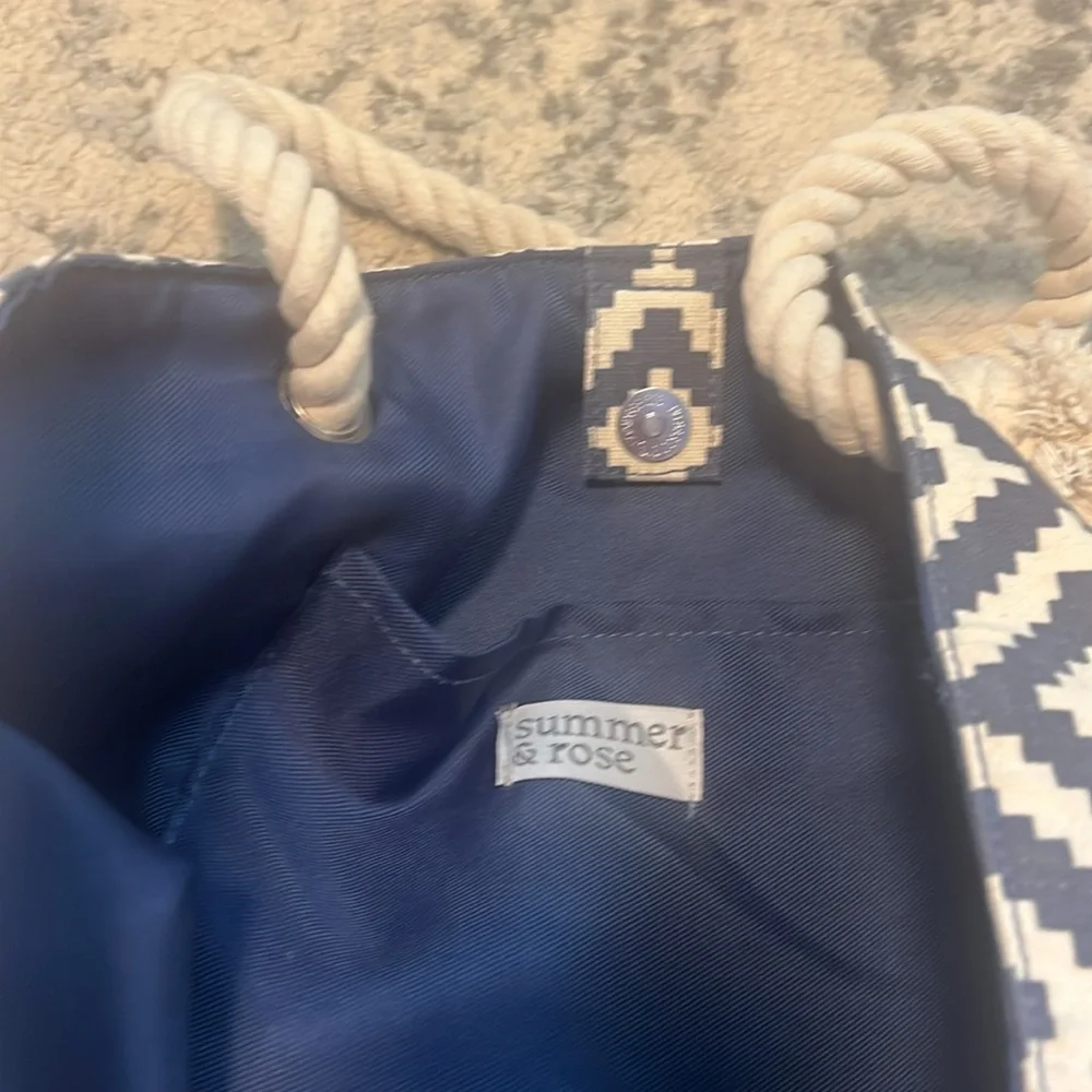 Blue and White Geometric Patterned Tote Bag